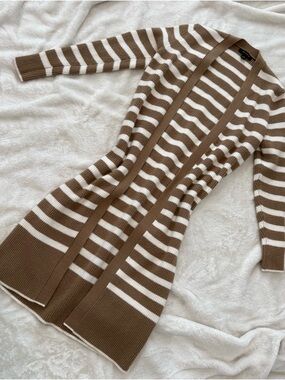 Ann Taylor Brown and White Striped Open-Front Long Cardigan